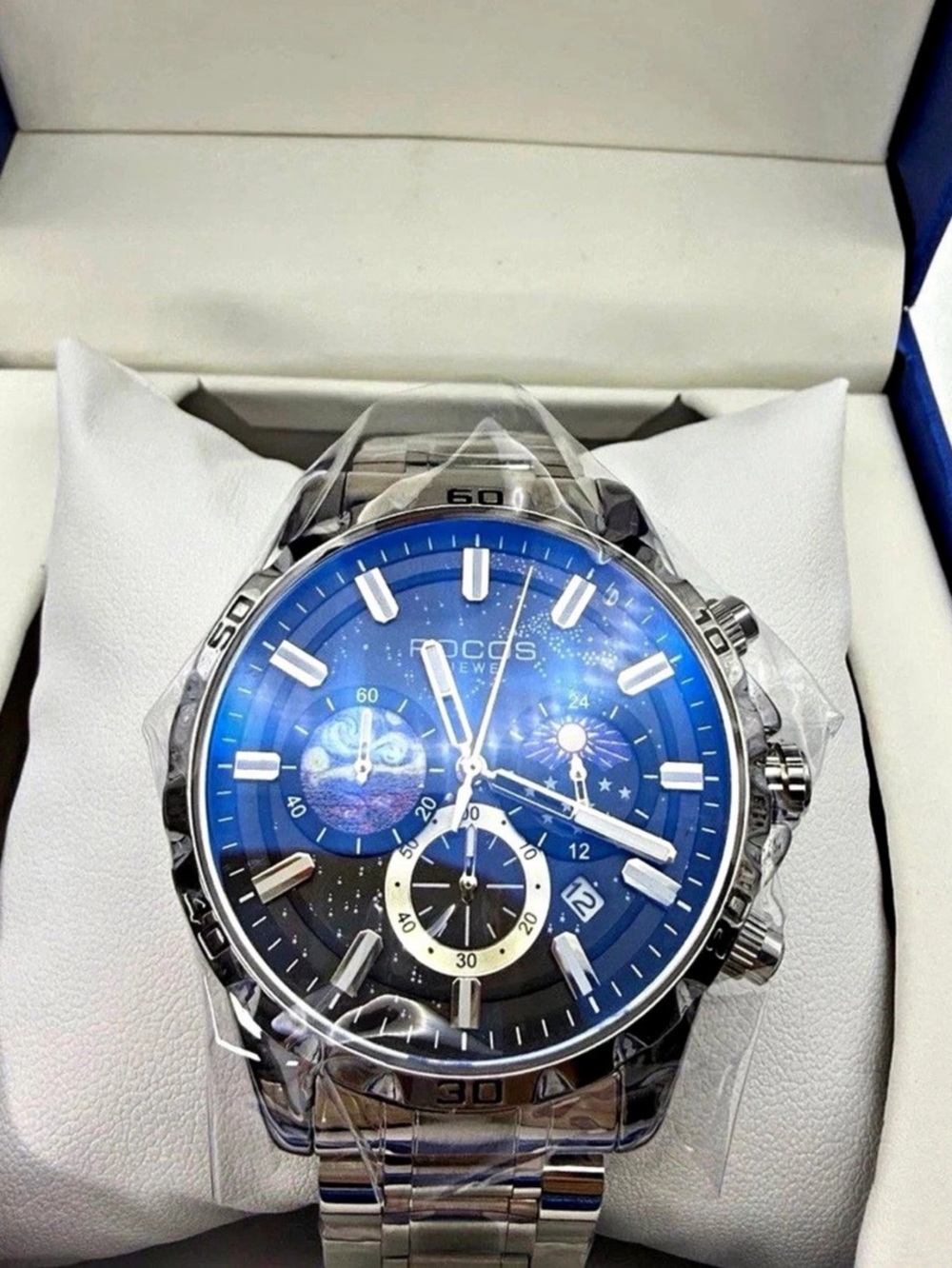 ROCOS R0916 Men’s Chronograph Quartz Watch Blue Dial Stainless Steel New in Box